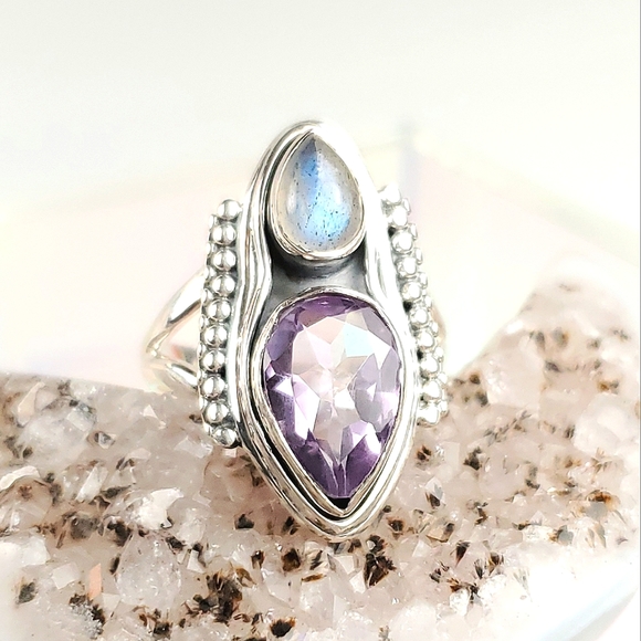 Sterling Silver Amethyst and Labradorite Double Teardrop Ring Size 8 - Picture 6 of 15